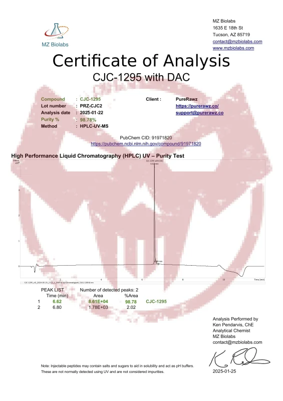 Certificate of Analysis for CJC-1295 by PureRawz