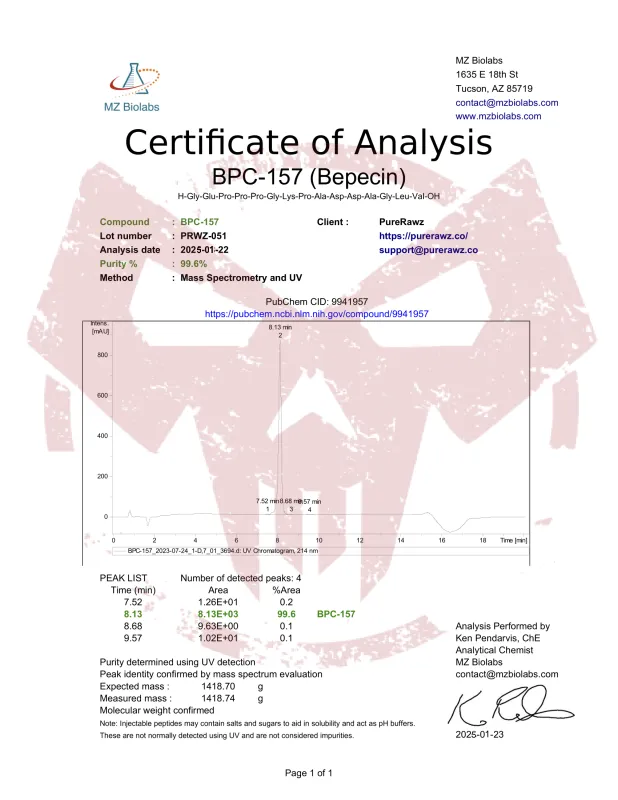 PureRawz Certificate of Analysis for BPC-157 (Bepecin)