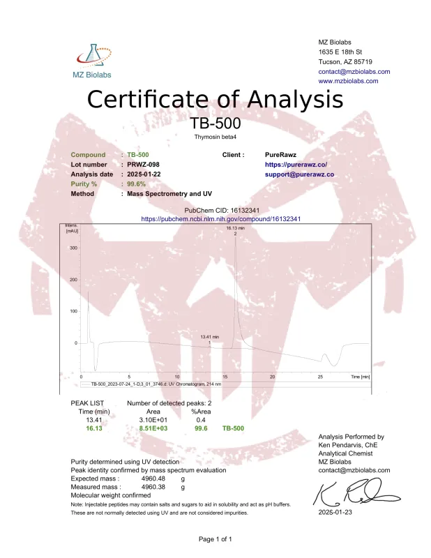 PureRawz Certificate of Analysis for TB-500