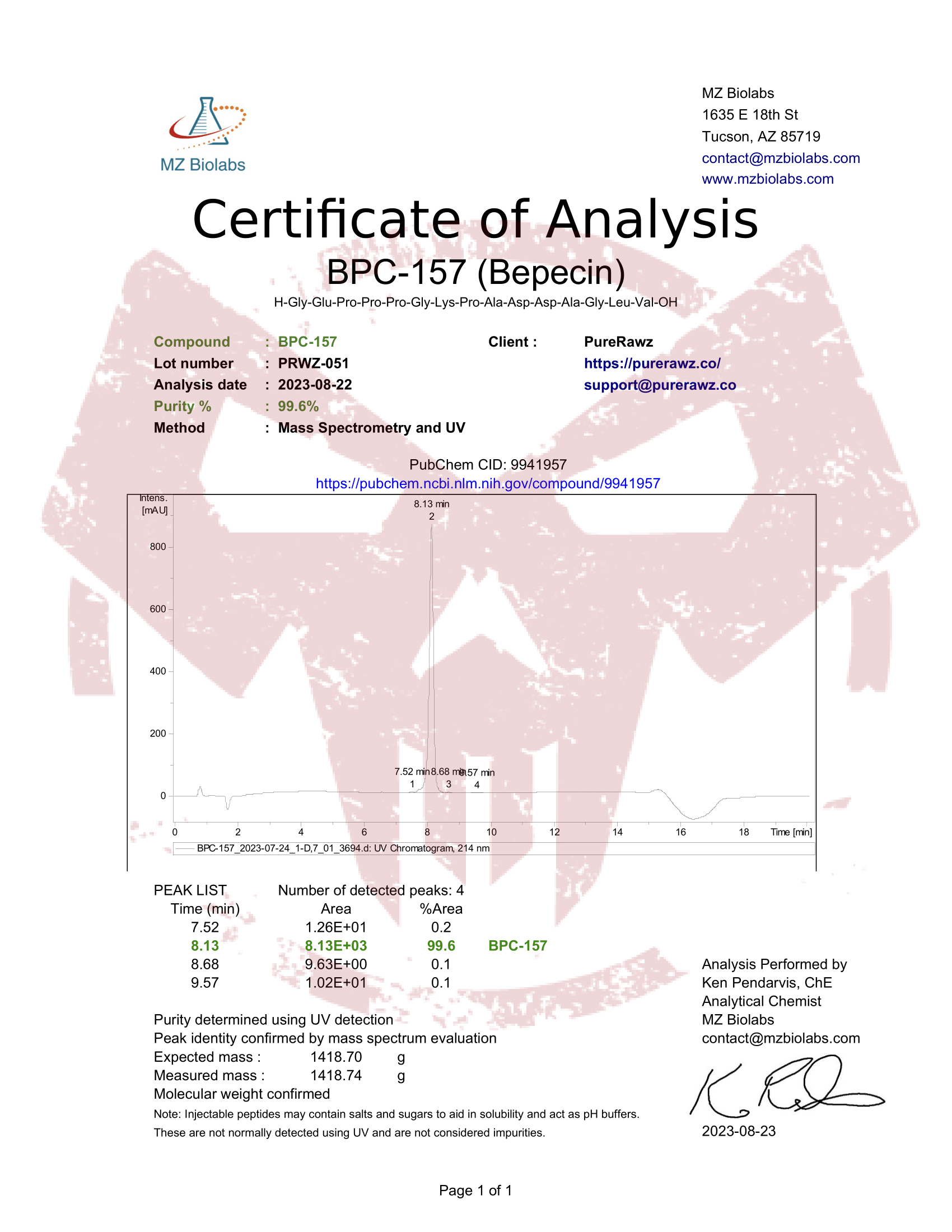 PureRawz Certificate of Analysis for BPC-157 (Bepecin)