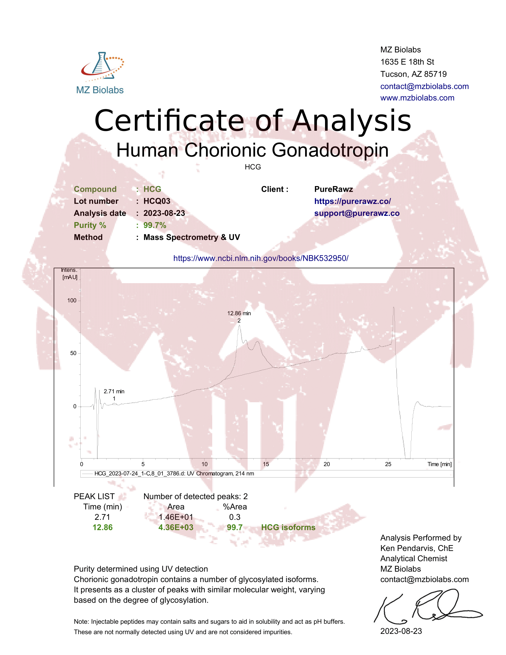 PureRawz Certificate of analysis for Human Chorionic Gonadotropin