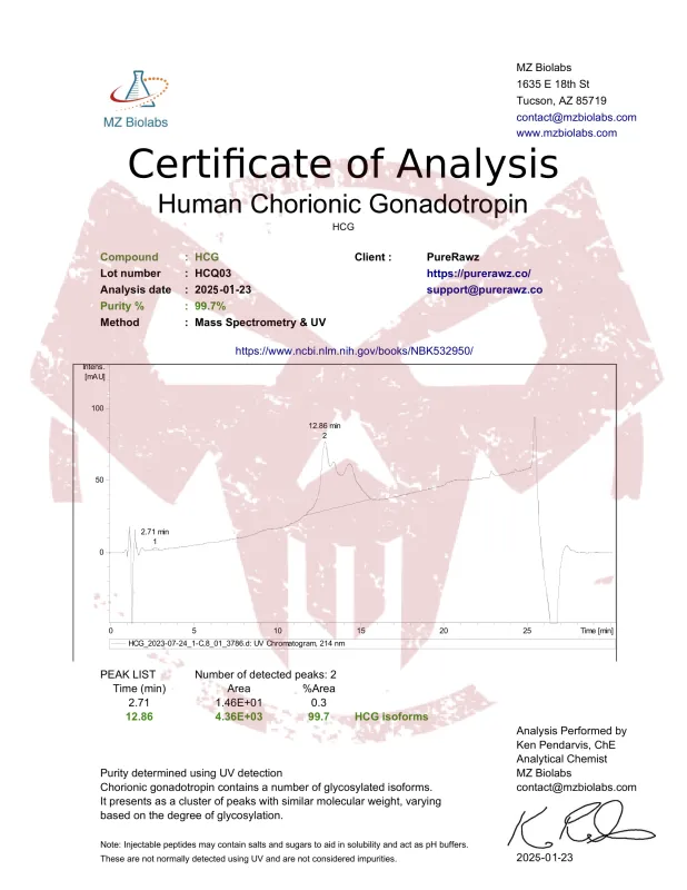 PureRawz Certificate of analysis for Human Chorionic Gonadotropin