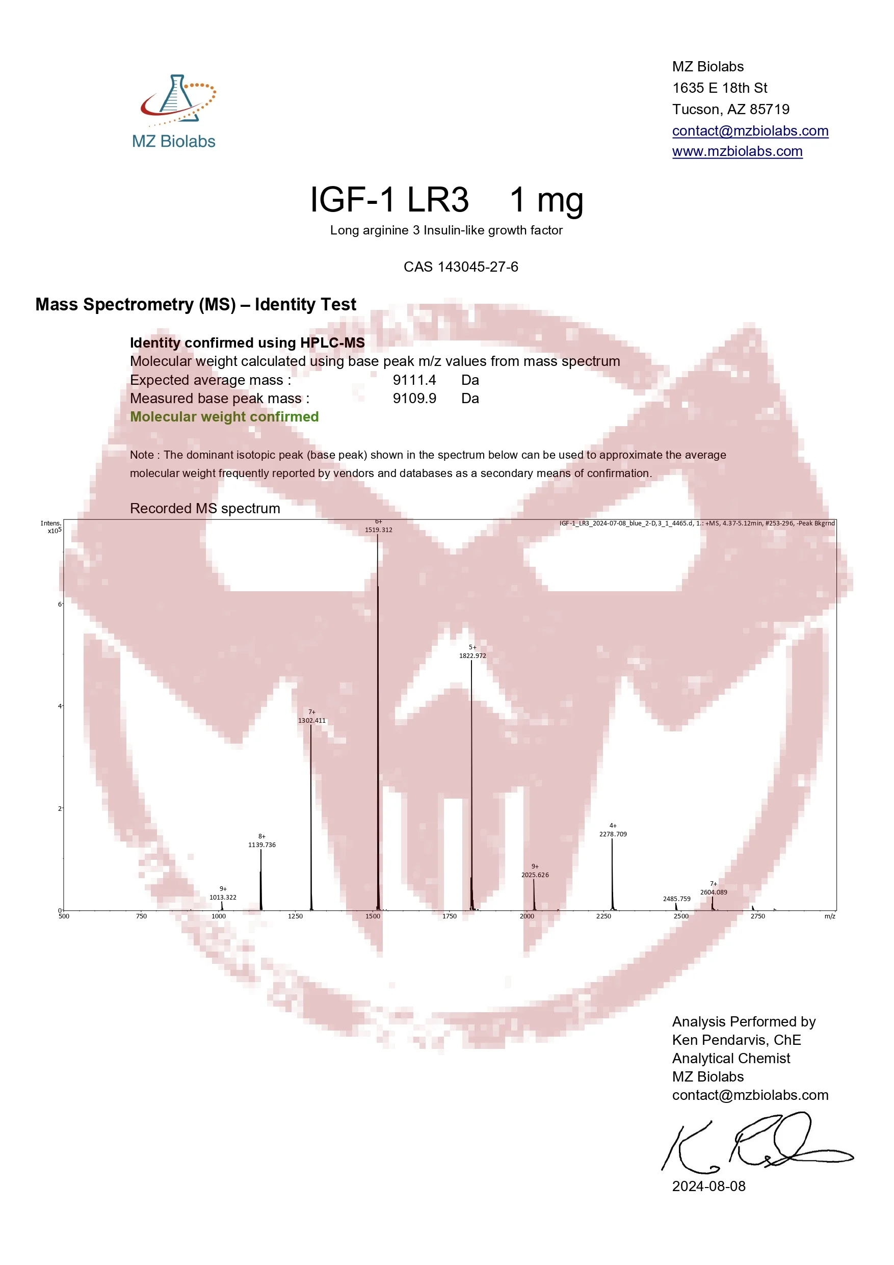 PureRawz Certificate of analysis for IGF-1_LR3