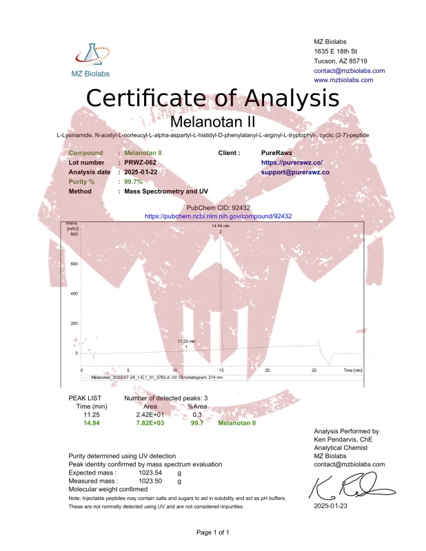 PureRawz Certificate of analysis for Melanotan_2