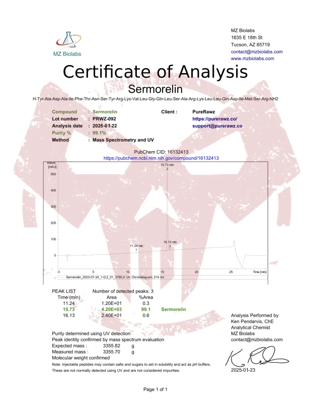 PureRawz Certificate of analysis for Sermorelin